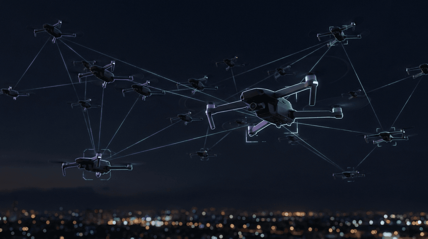 Swarm of military quadcopter drones linked by holographic targeting lines