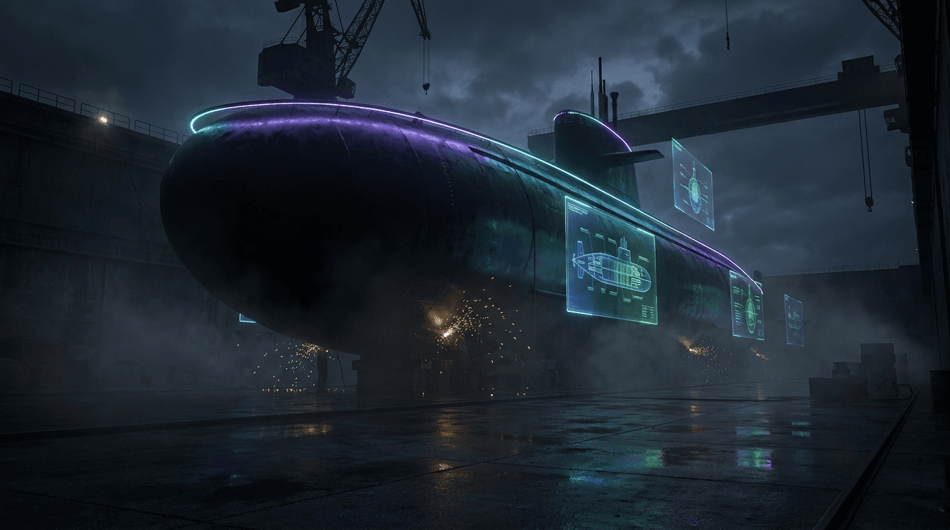 Submarine under construction in a dry dock at night