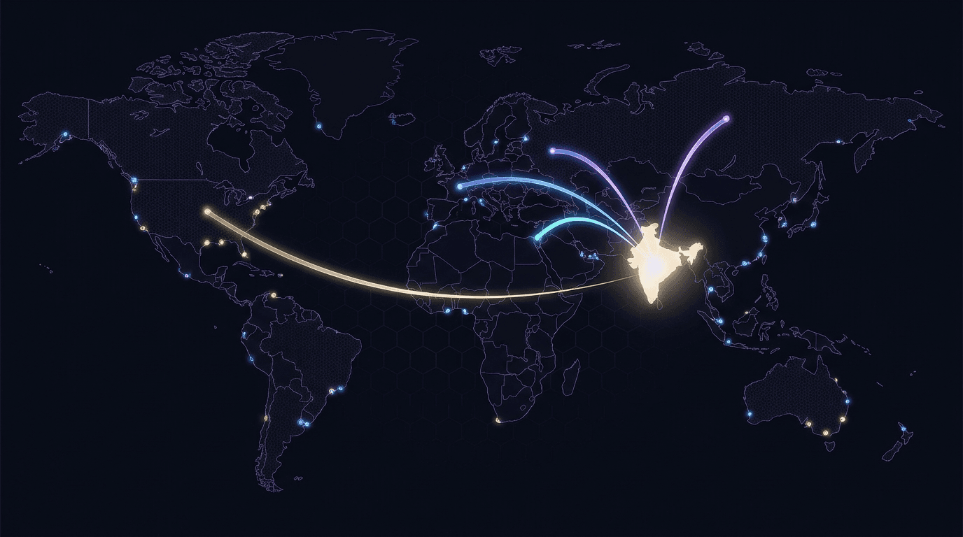 World map with arms-import flows converging on India from Russia, Europe, Israel and the USA